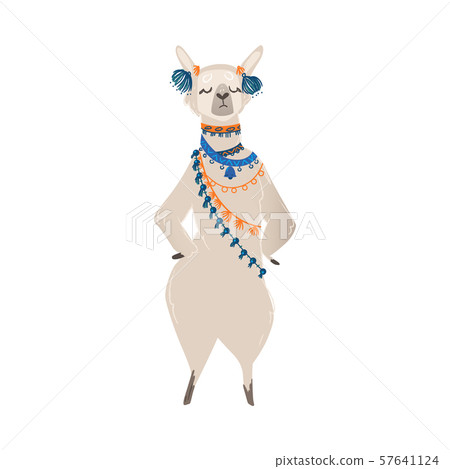 A cute animal llama or alpaca stands on its hind legs in headphones and traditional jewelery. 57641124