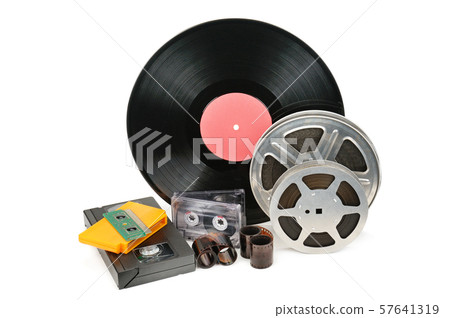 Vinyl record, video and audio cassettes isolated 57641319