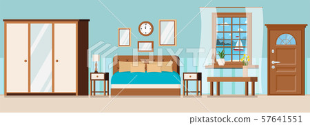 Hotel room with furniture, door, window view of sea landscape with sailboat. 57641551