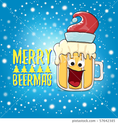 Merry beermas vector christmas greeting card with beer glass cartoon character and red santa hat 57642385