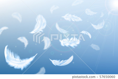 White feathers fly in air on blue sky background White feathers fly in air on blue sky background 57650060