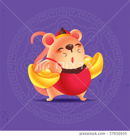 Chinese New Year 2020. Cute rat carrying big gold ingots with traditional oriental ornament design on purple background - vector 57650935