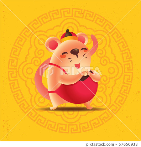 Chinese New Year 2020. Cartoon cute rat with traditional oriental ornament pattern on yellow background. Year of the rat. - vector Chinese New Year 2020. Cartoon cute rat with traditional oriental ornament pattern on yellow background. Year of the rat. - vector 57650938
