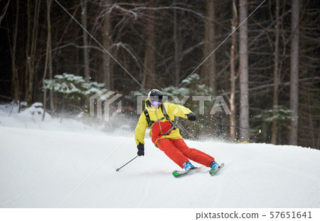 Single descent of young male skier downhill skiing and doing carve turn on high wooded slope. Skiing 57651641