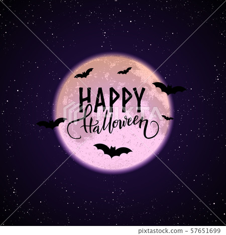 Happy Halloween postcard, full moon and bats on - Stock Illustration ...