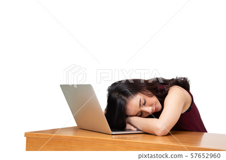 Very tired business Asian woman fell asleep on Very tired business Asian woman fell asleep on 57652960