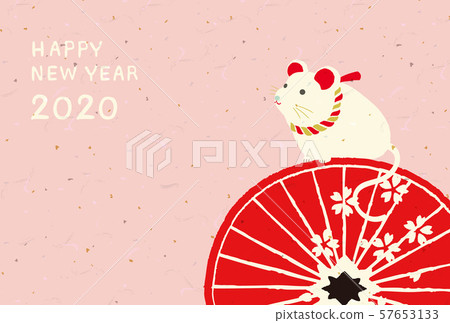 New Year's card Japanese umbrella and mouse 57653133