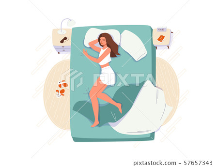 Sleep woman vector background. Sleeping girl on the side wearing on pajamas, lying on bed with Sleep woman vector background. Sleeping girl on the side wearing on pajamas, lying on bed with 57657343