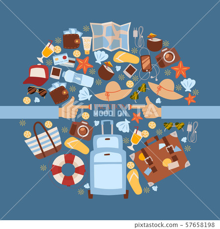 Summer vacation icons in round frame composition, vector illustration. Motivational poster with text Summer vacation icons in round frame composition, vector illustration. Motivational poster with text 57658198