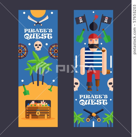 Pirate quest game banner, vector illustration. Fun activity event for children, pirate style party Pirate quest game banner, vector illustration. Fun activity event for children, pirate style party 57658203