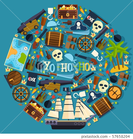 Pirate symbols and attributes in round frame composition vector illustration. Flat icons of piracy Pirate symbols and attributes in round frame composition vector illustration. Flat icons of piracy 57658204