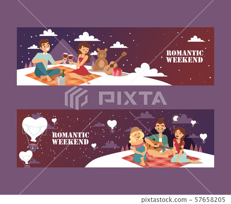 Romantic weekend picnic, vector illustration. Young couple on a romantic date under the stars, with 57658205