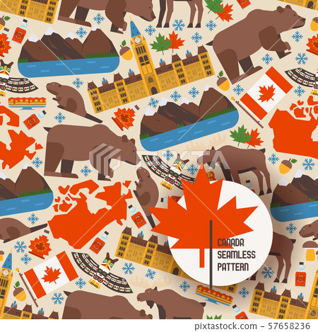 Canadian symbols and main landmarks, vector illustration. Seamless pattern with flat style icons of 57658236