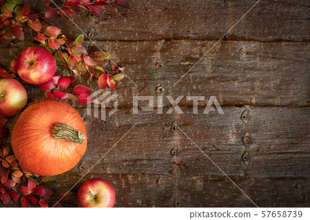 Autumn background with pumpkin, apples and branches with colorful leaves on natural tree bark background. Top view, flat lay, copy space. 57658739