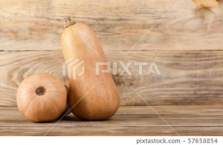 Two little ripe pumpkins on a wooden table. Two little ripe pumpkins on a wooden table. 57658854