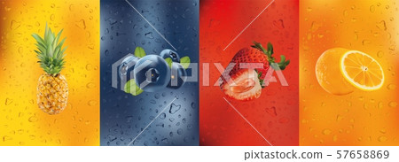 Fresh juice, pineapple, orange, strawberry, blueberry. Cocktail with fruits. Drink. 3D fresh fruits Fresh juice, pineapple, orange, strawberry, blueberry. Cocktail with fruits. Drink. 3D fresh fruits 57658869