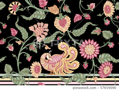 Seamless Indian floral ethnic pattern with bird. 57659090
