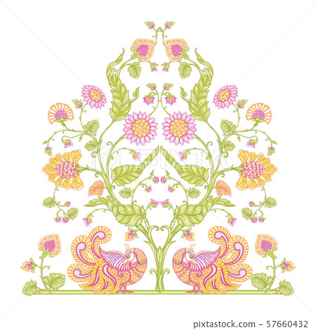 Indian ethnic pattern with flowers and bird. 57660432