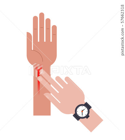 Doctor measurement of pulse. Finger on hand vein. 57662318