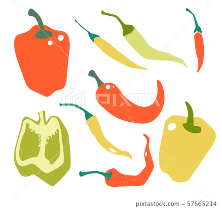 Red, green, yellow, pepper in flat style and isolated on white background. Red, green, yellow, pepper in flat style and isolated on white background. 57665214