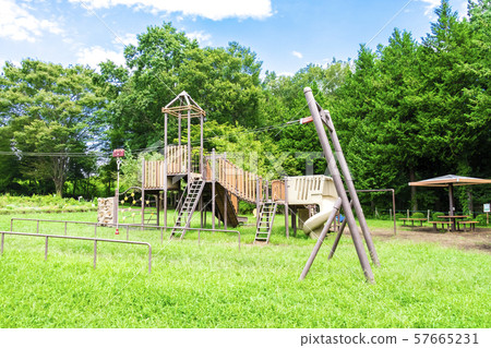 Playground equipment in a park with lots of nature 57665231