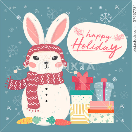 cute flat vector bunny snowman with pile of gift cute flat vector bunny snowman with pile of gift 57667724