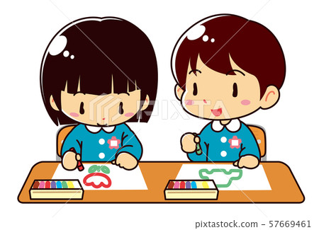 Cute boys and girls in smocks who enjoy drawing 57669461