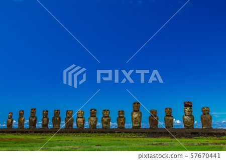 Moai statues of Ahu Tongariki under clear blue sky on Easter Island 57670441