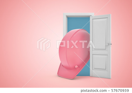 3d rendering of huge pink hard hat emerging from white door on pink gradient copy space background. 3d rendering of huge pink hard hat emerging from white door on pink gradient copy space background. 57670939