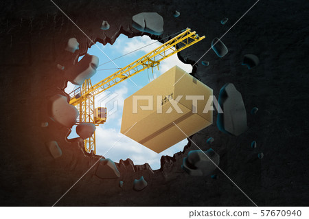 3d rendering of hoisting crane carrying cardboard box and breaking hole in black wall with blue sky 57670940