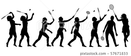 Black set silhouette of female badminton player on 57671833