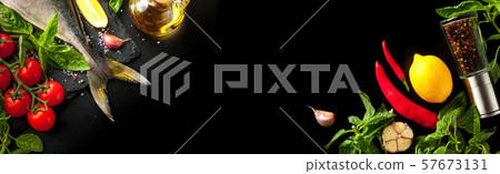 Fresh tuna with vegetables on black background 57673131