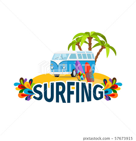 Hippie surfing poster with bus Hippie surfing poster with bus 57673915