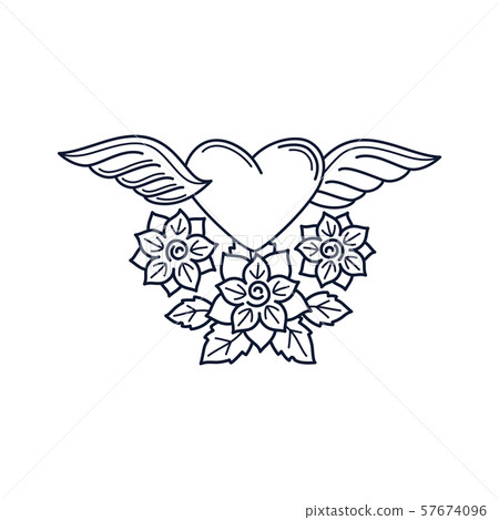 Heart and roses line tattoo element Heart and roses line tattoo element 57674096
