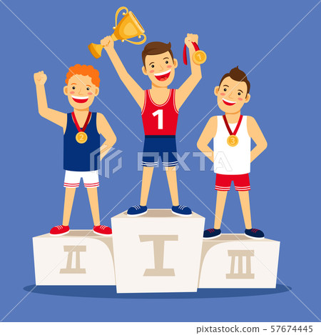 Cartoon winning sportsmen on pedestal Cartoon winning sportsmen on pedestal 57674445