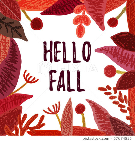 Hello Fall red leaves frame isolated on white - Stock Illustration ...