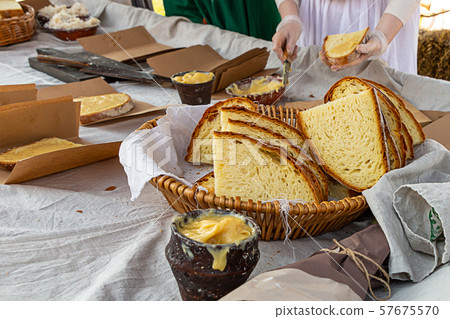 plate sliced fresh tasty country bread a lot of 57675570