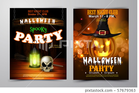 Halloween party invitation on wooden wall background 57679363