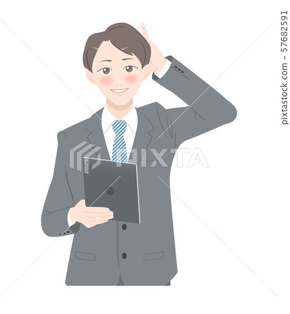 害羞的姿勢片劑西裝男性上半身 57682591