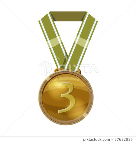 Bronze medal green ribbon with relief detail. Bronze medal for third place. Cartoon realistic icon Bronze medal green ribbon with relief detail. Bronze medal for third place. Cartoon realistic icon 57682855