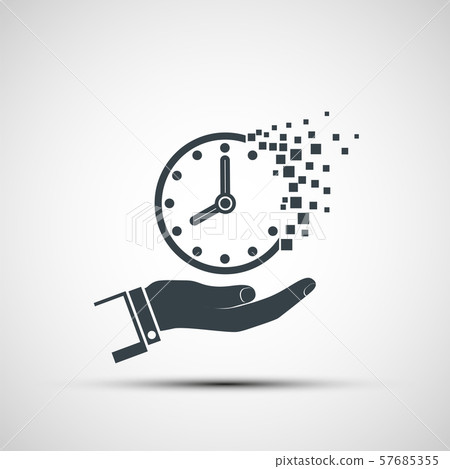 Icon hand holds a clock. Dial passing in the sand Icon hand holds a clock. Dial passing in the sand 57685355