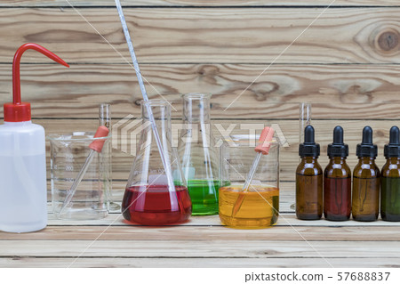 Beaker and bottle. Several chemical solution in flask. Laboratory glassware. 57688837