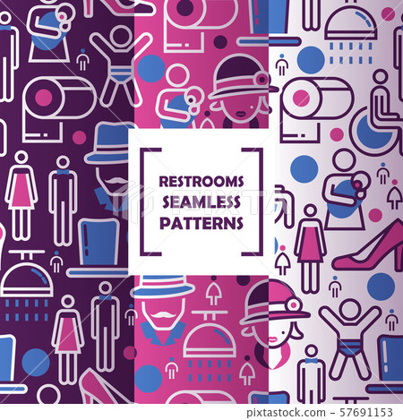 Public restroom icons in seamless pattern, vector illustration. WC signs in fine line style for 57691153