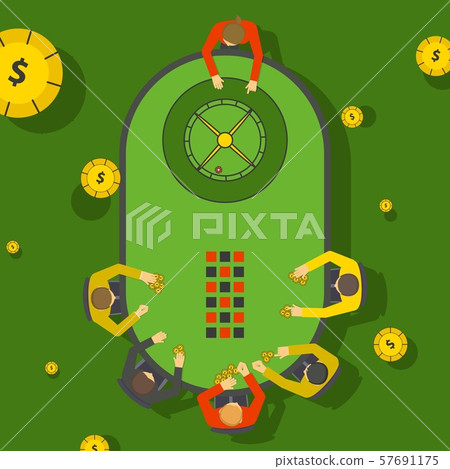 Gambling people at casino roulette table, vector illustration. Players in casino placing bets, view 57691175