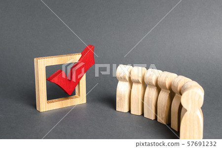 Queue line of people and red tick for voting. Democratic elections concept. Referendum poll. Political campaign for elections. Voting day. social technologies. Volunteers, parties, candidates 57691232