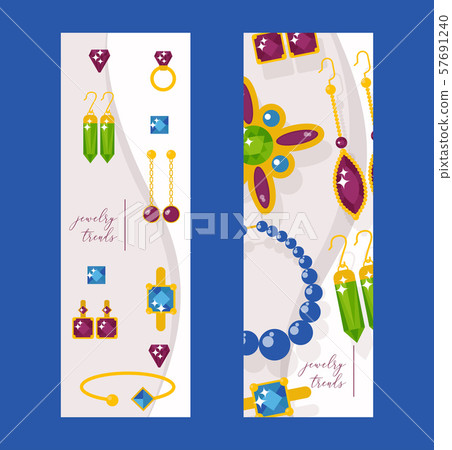 Jewelry store website banners, vector illustration. Sparkling diamonds and jewels with precious 57691240