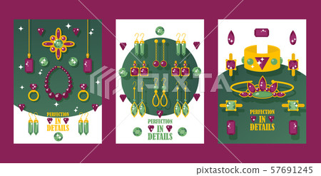 Jewelry store banners, vector illustration. Sparkling golden jewels with precious gemstones. Flat Jewelry store banners, vector illustration. Sparkling golden jewels with precious gemstones. Flat 57691245