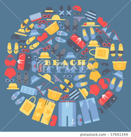 Summer vacation on the beach, set of icons in round frame composition. Vector illustration with Summer vacation on the beach, set of icons in round frame composition. Vector illustration with 57691349