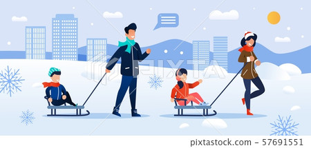 Happy Parents Sledding Children in Winter Park 57691551