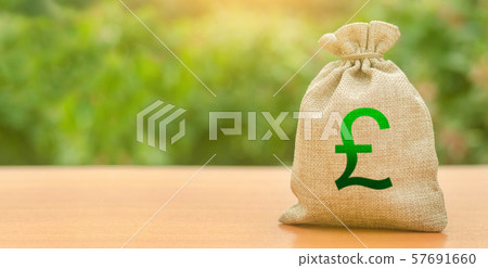 Money bag with pound sterling symbol on a nature background. Attracting investment to development and modernization. Available loans and subsidies. Business, budget, financial transactions. 57691660